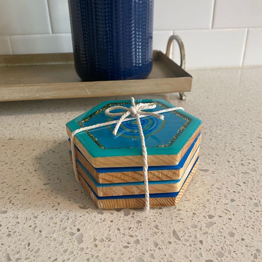 Handmade Hexagon Resin Evil Eye Coaster Set in Blue & Teal with Gold Accents - Picture 4 of 5